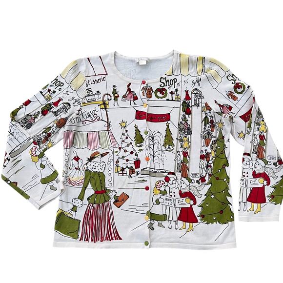 Christopher & Banks Holiday Christmas Mall Scene Sweater Cardigan Sz L As-Is - Picture 2 of 7